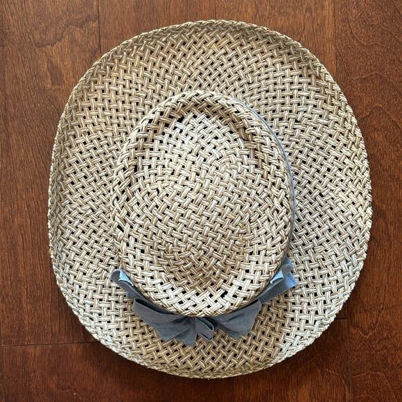 Imperial “Vail” Straw Hat in White and Tan with Blue Chambray Band and Bow, OSFM - Picture 7 of 10